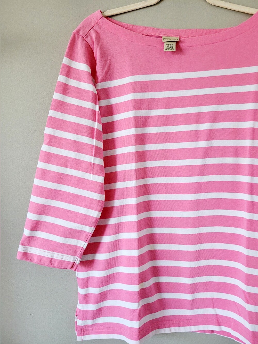 L.L. Bean 100% Cotton Pink/White Striped Boatneck Top 3/4 Sleeves Large - Picture 4 of 10